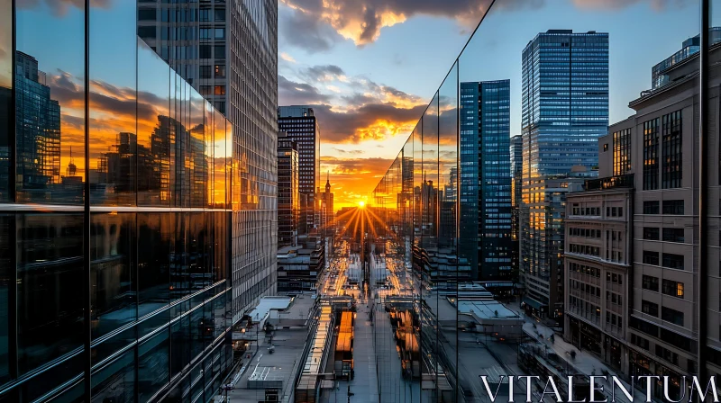 Sunset Reflection in City Glass Buildings AI Image