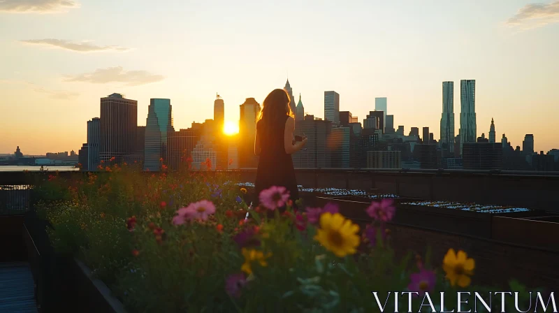 AI ART Rooftop Garden Sunset with Urban Cityscape