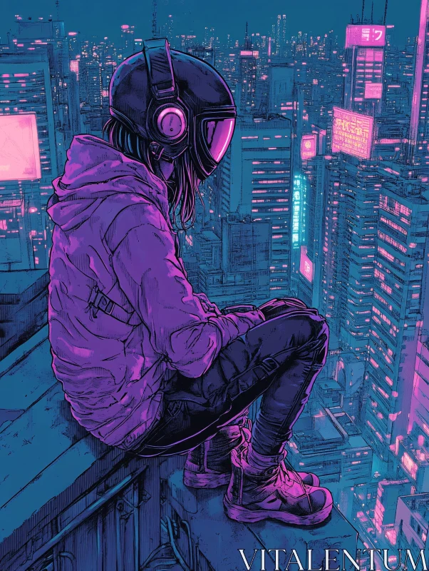 Neon-Lit Futuristic Cityscape with Lone Figure AI Image