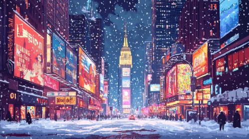 Cityscape at Night with Snow and Illuminated Advertisements