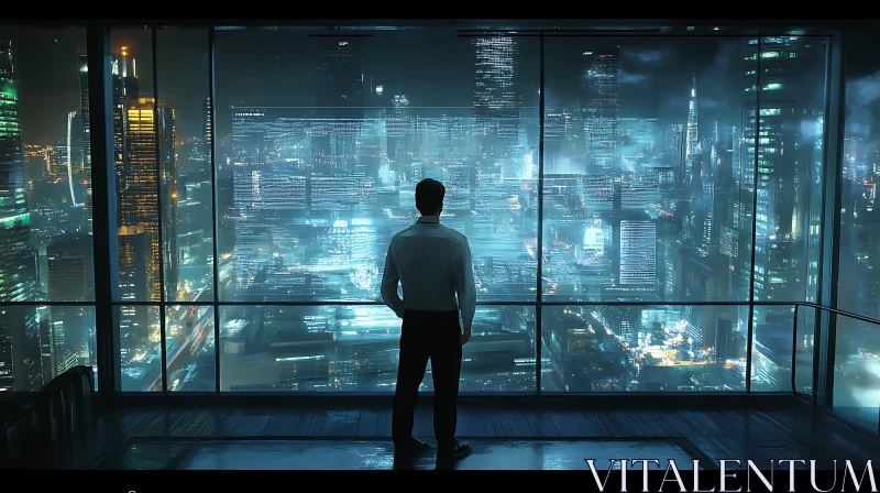 AI ART Man Overlooking High-Tech Urban Skyline