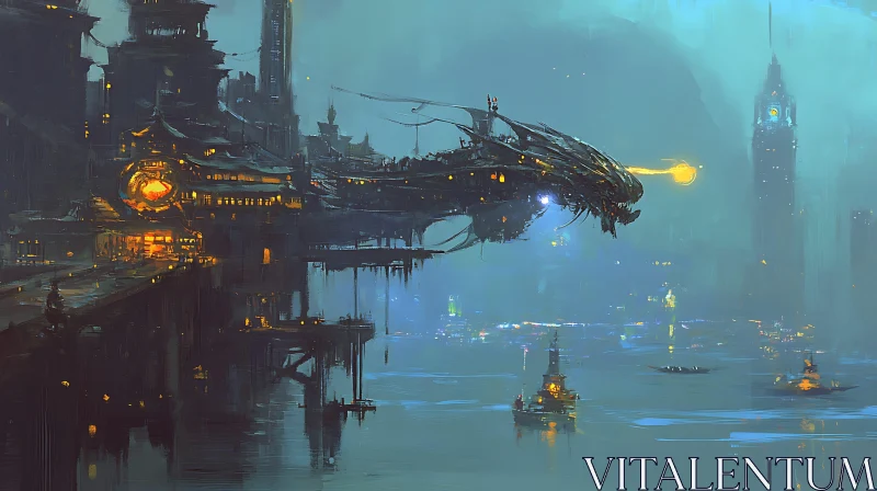 AI ART Sci-Fi City with Hovering Dragon Ship