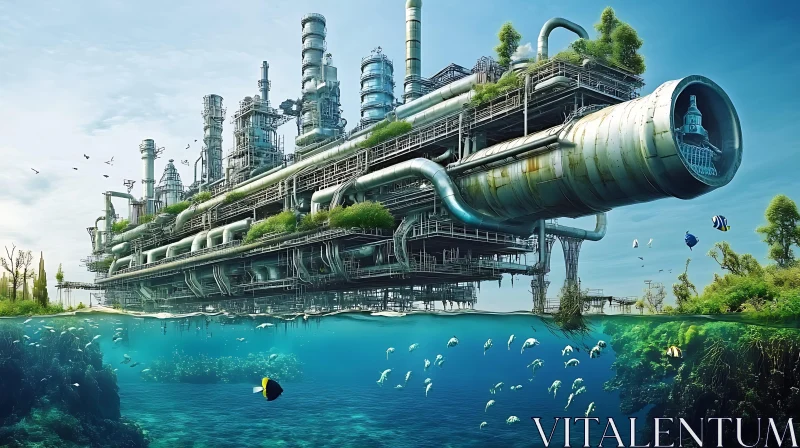 AI ART Futuristic Submerged Industrial Factory with Lush Vegetation and Marine Life