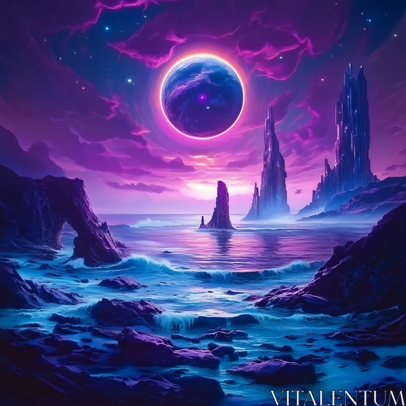 Fantasy Seascape with Luminous Moon and Majestic Rocks AI Image