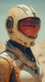 Cyborg with Reflective Helmet in Desert