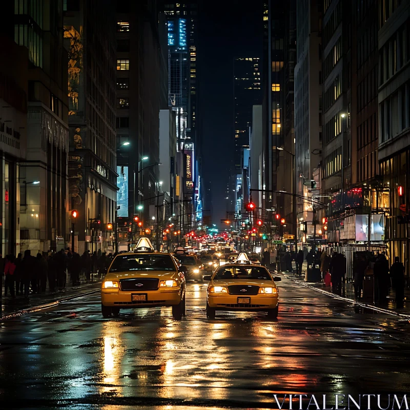 Urban Nightlife with Illuminated Streets and Taxis AI Image