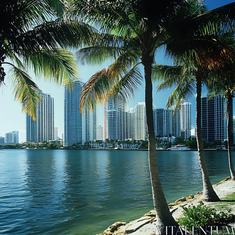 Cityscape with Palm Trees and High-Rise Buildings AI Image