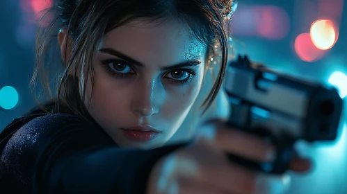 Focused Woman Aiming a Gun with Neon Background