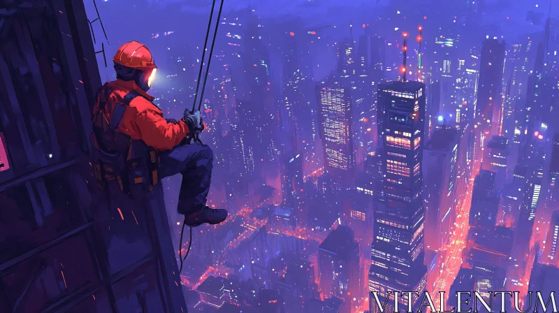 Urban Worker at Height in Nighttime City AI Image