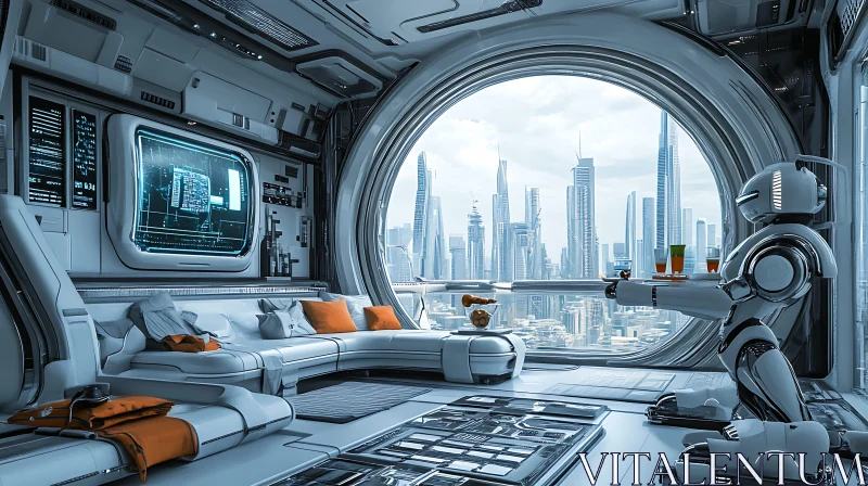 Modern Futuristic Room Overlooking a Sci-Fi City AI Image