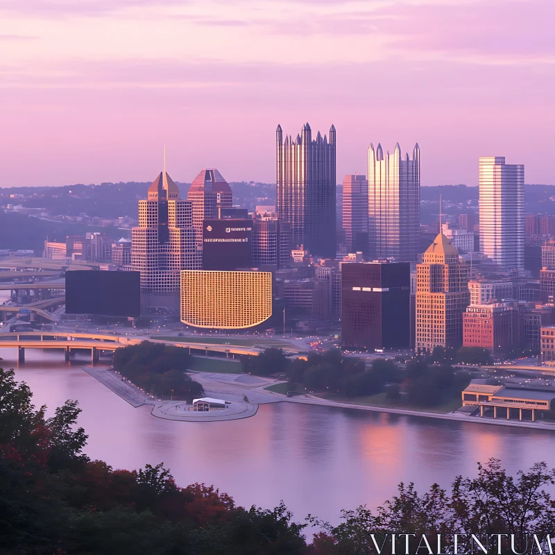 AI ART Sunset Over Urban Skyline with Reflective River