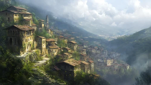 Misty Mountain Village with Stone Buildings