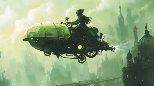 Steampunk Hovercraft Over Futuristic City