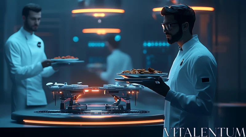 Hi-Tech Cooking with Robots in a Futuristic Kitchen AI Image