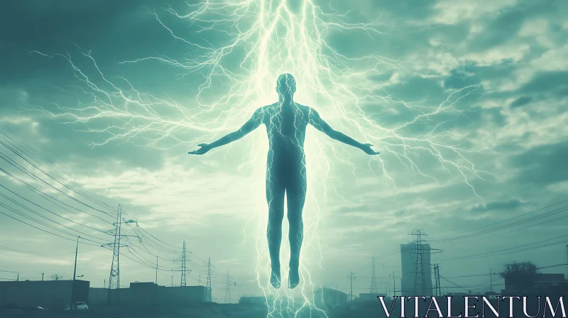 Electric Figure in Stormy Skies AI Image