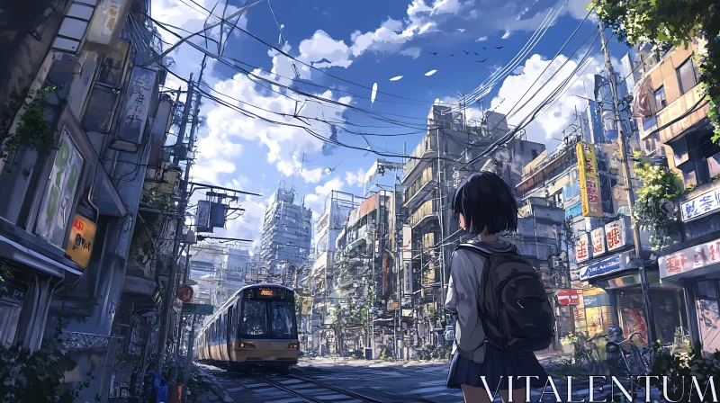 Anime City Scene with Backpacked Girl AI Image