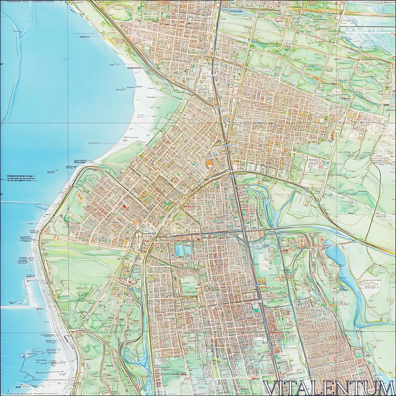 Urban Infrastructure City Map Near Coastline AI Image