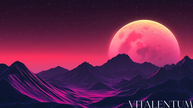 Abstract Landscape of Pink Moon and Neon Terrain AI Image