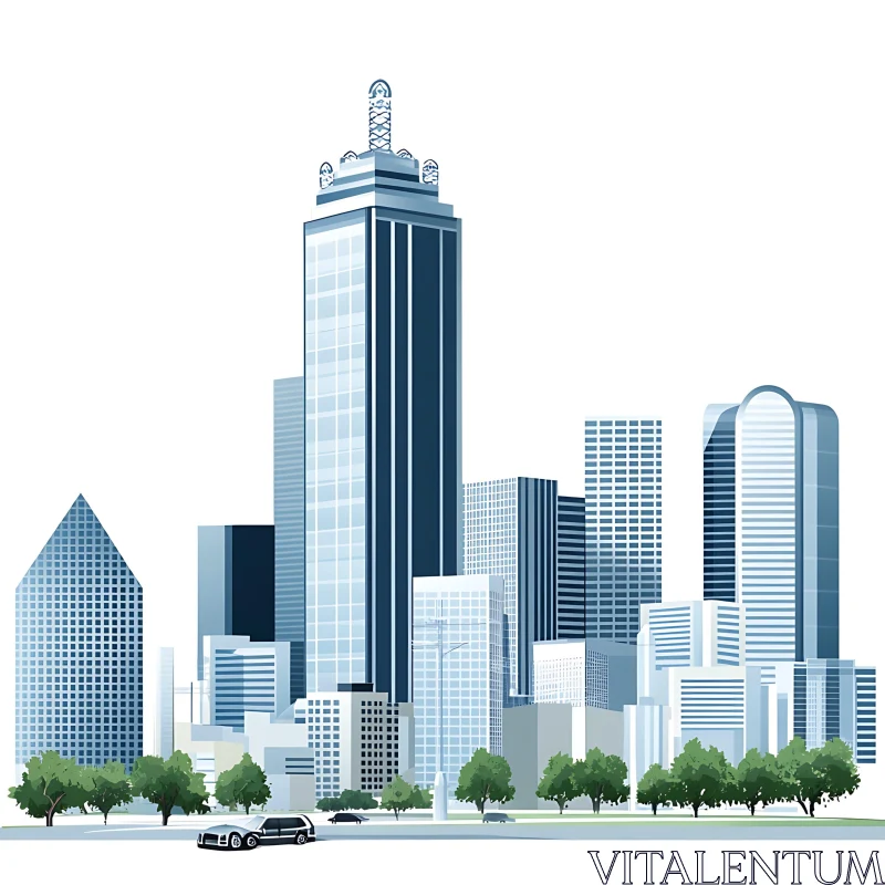 Urban Skyline with Office Buildings and Trees AI Image