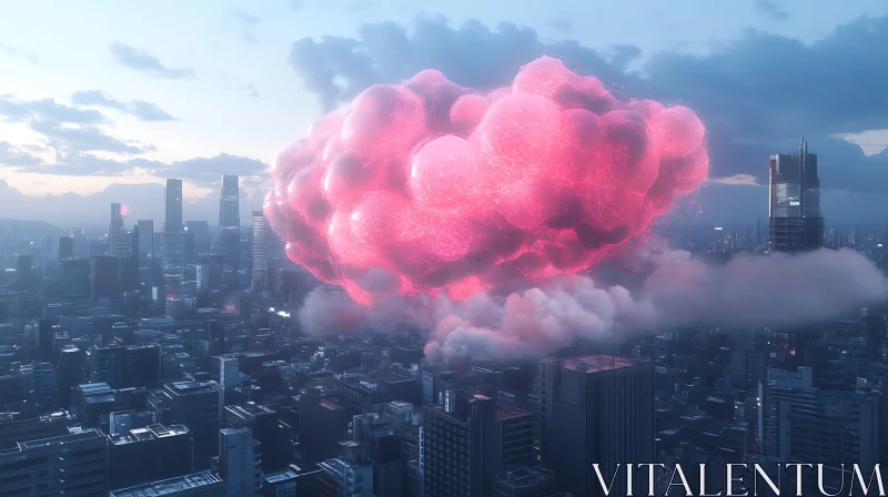 Surreal Pink Cloud Hovering Over Futuristic City AI Image