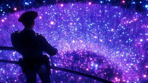 Officer Overlooking a Field of Glowing Purple and Blue Lights