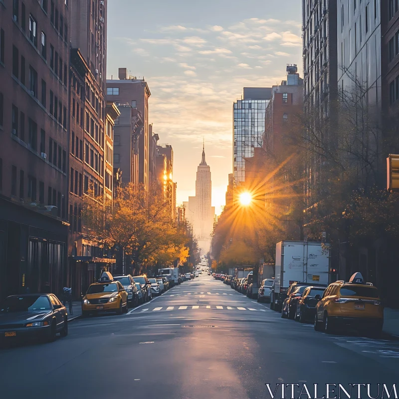 AI ART Morning Sun Over Urban Street with Empire State Building