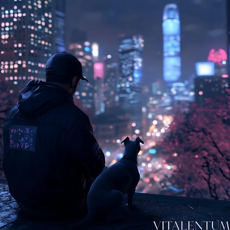 Urban Night Scene with Man and Dog AI Image