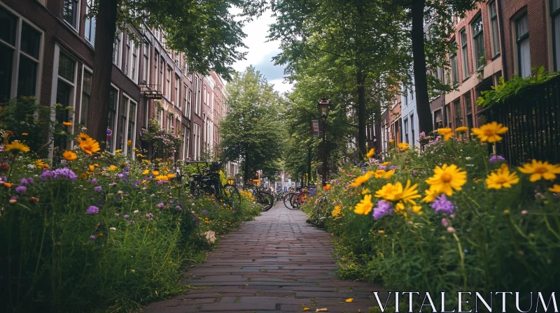 AI ART Picturesque Urban Street with Colorful Blossoms