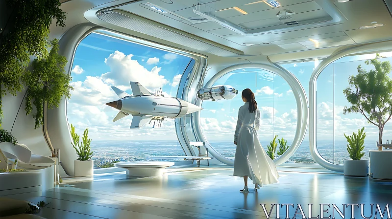 AI ART High-Tech Space with Woman and Futuristic Spaceship