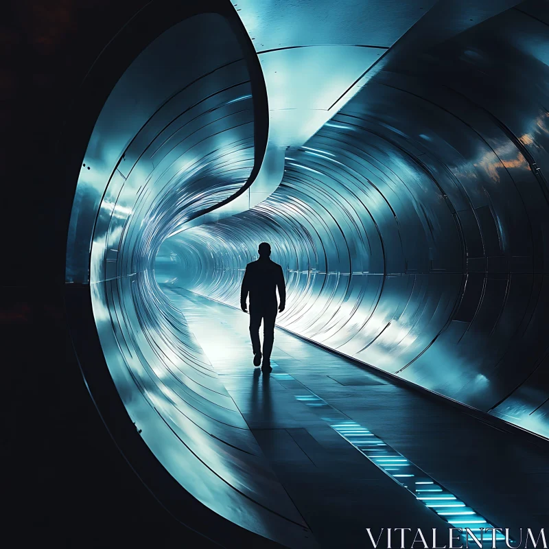 Person Walking in a Blue-Lit Futuristic Tunnel AI Image