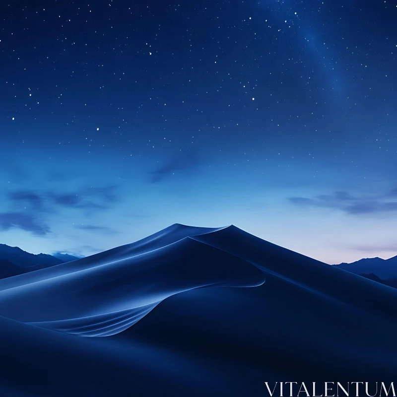 Serene Night Sky Over Blue-Hued Sand Dunes AI Image