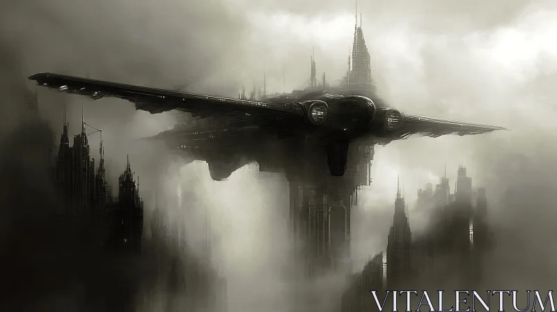 Advanced Technology Spaceship in Foggy City AI Image