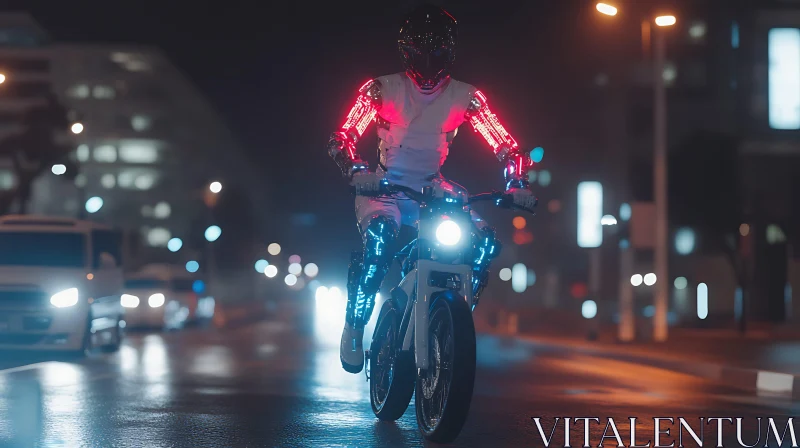 Cyborg Motorcyclist Rides Through the City AI Image