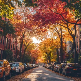 Autumn Urban Street with Colorful Trees and Sunlight