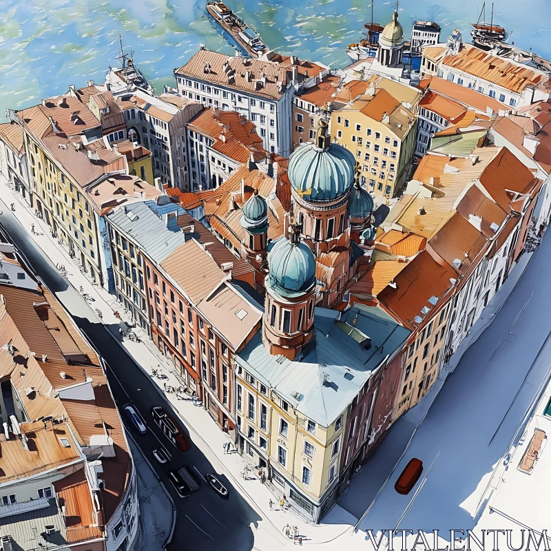 Cityscape with Historic Buildings and Rooftop Domes AI Image