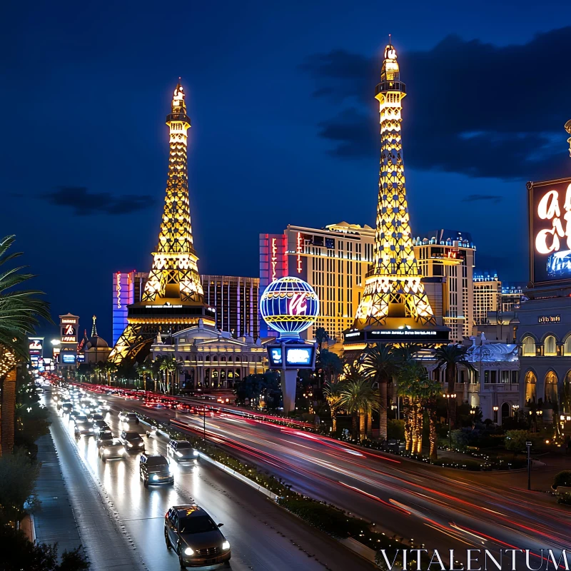 Illuminated Las Vegas Cityscape with Eiffel Tower at Night AI Image