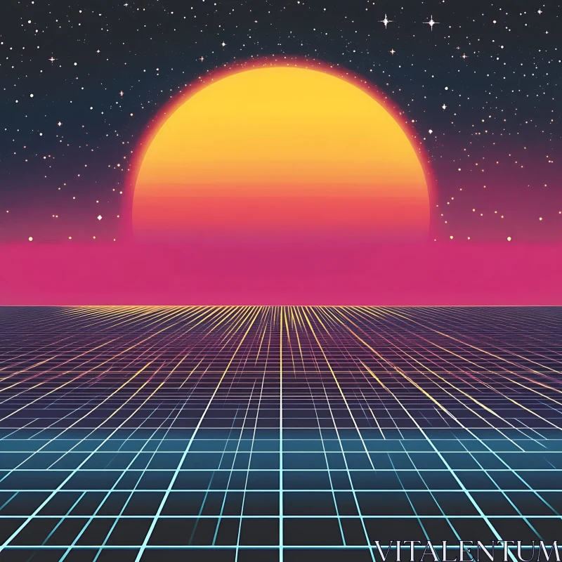 Retro Sunset with Geometric Grid and Stars AI Image