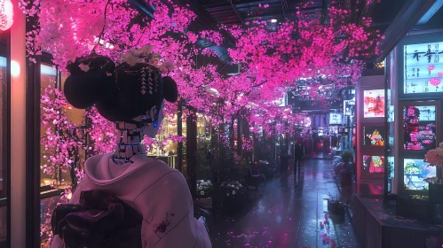 Futuristic Geisha in Neon Cherry Blossom Path