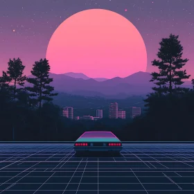 Neon Car and City Under Pink Sun