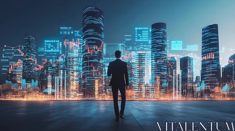 Business Professional Viewing Neon-Lit Future City AI Image