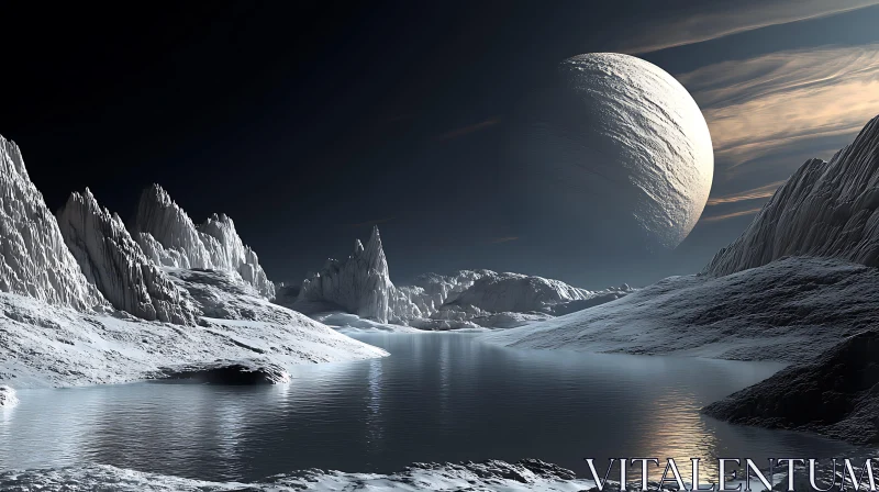 Icy Alien Terrain with Enormous Planet AI Image