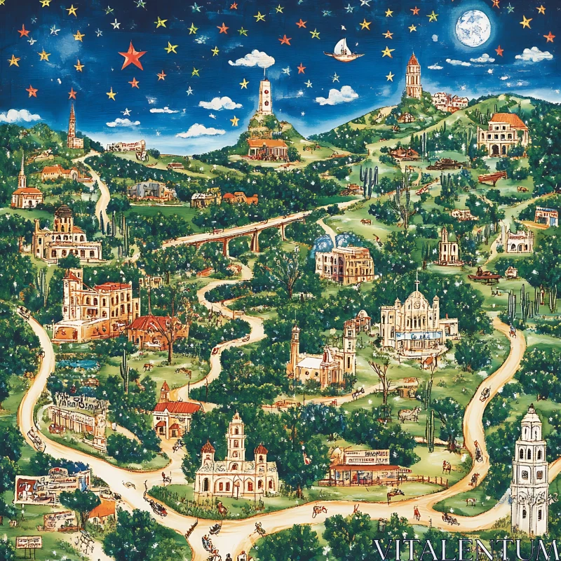 AI ART Vibrant Cityscape in Rolling Hills Under Starry Sky