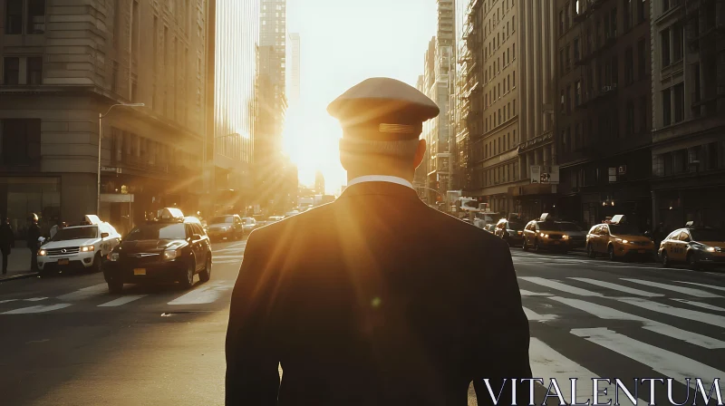 Urban Sunset with Person in Uniform AI Image