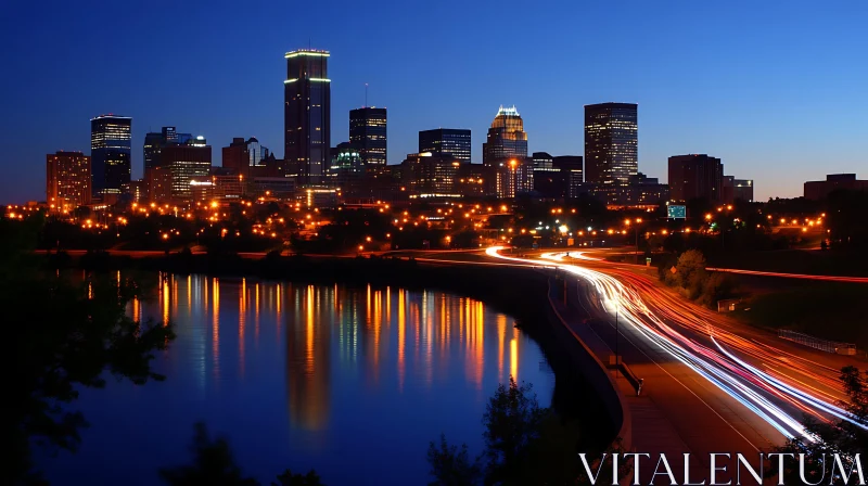 City Skyline with Night Lights and Vehicle Light Trails AI Image