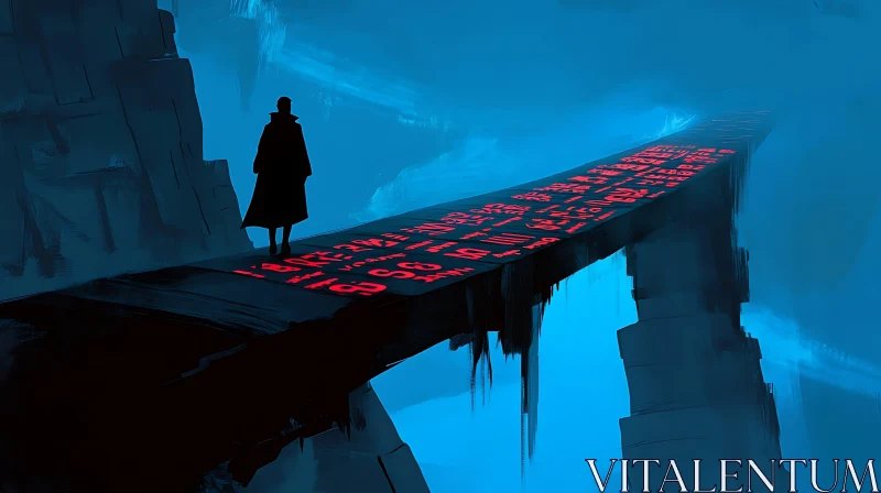 AI ART Enigmatic Figure on Luminous Red Bridge