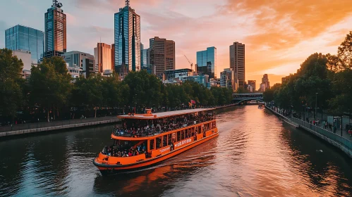 Sunset Urban Scene with Boat on River