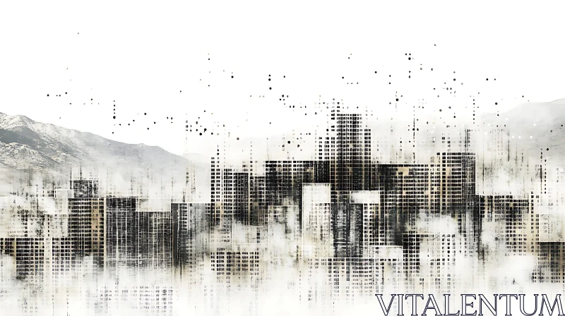 Pixelated City against Mountains AI Image