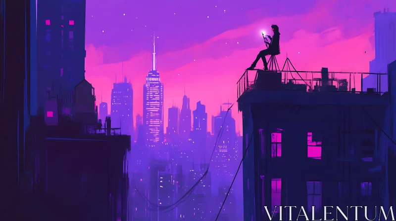 Person on Rooftop in Vibrant Evening Cityscape AI Image