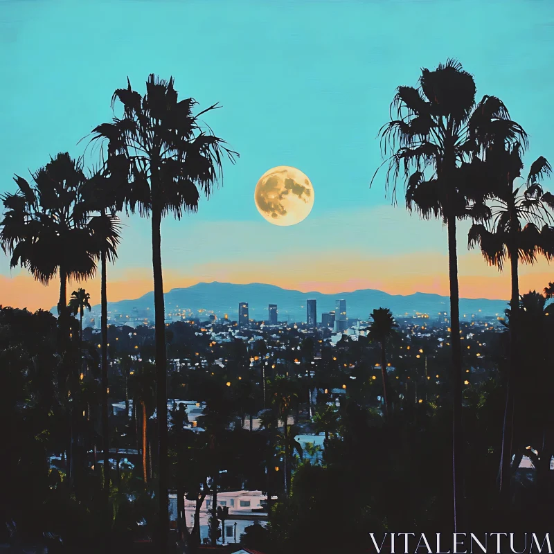 Urban Twilight with Moon and Palm Silhouettes AI Image