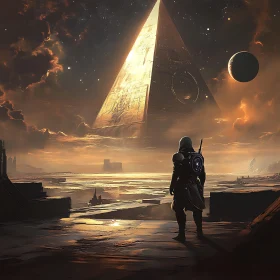 Sci-Fi Warrior Staring at a Hovering Golden Pyramid